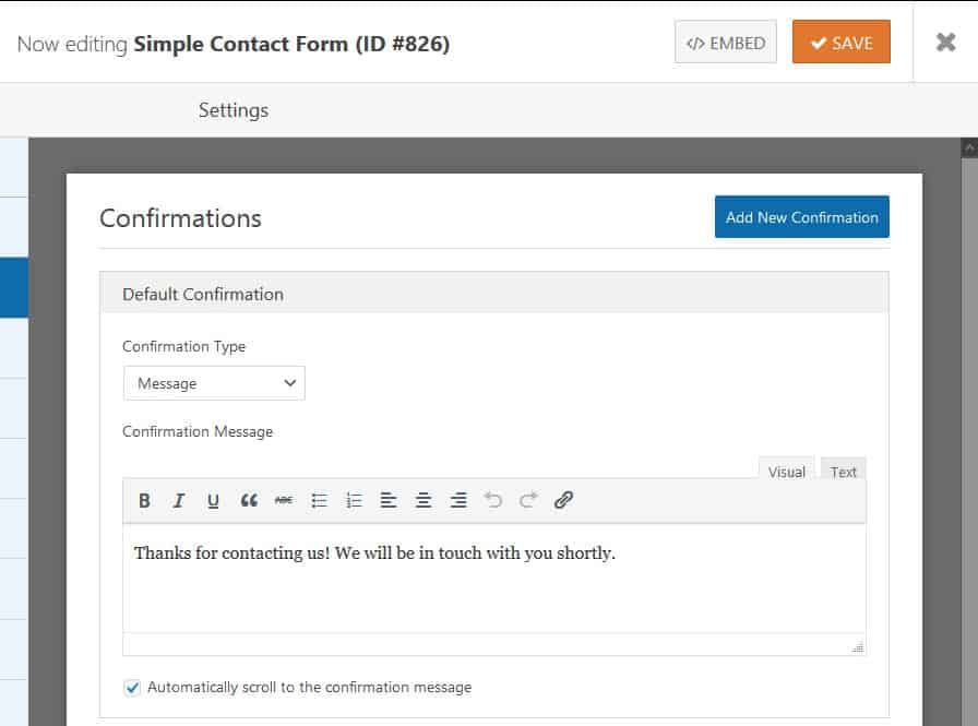 wpforms confirmation type message