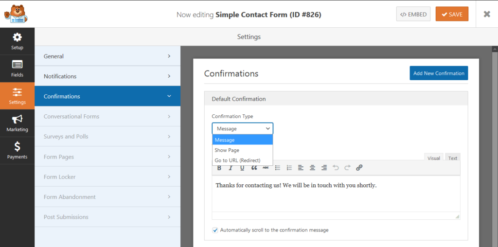 WPForms Confirmations Settings