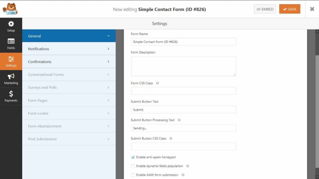 wpforms general settings