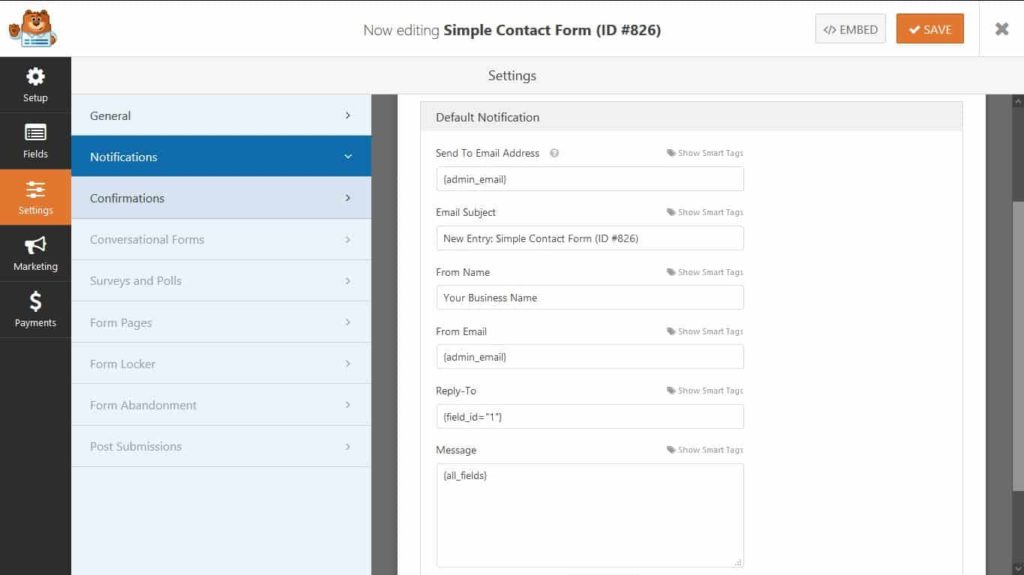 wpforms notification settings