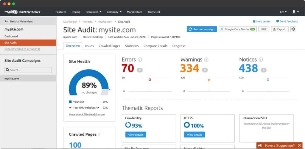 semrush site audit tool